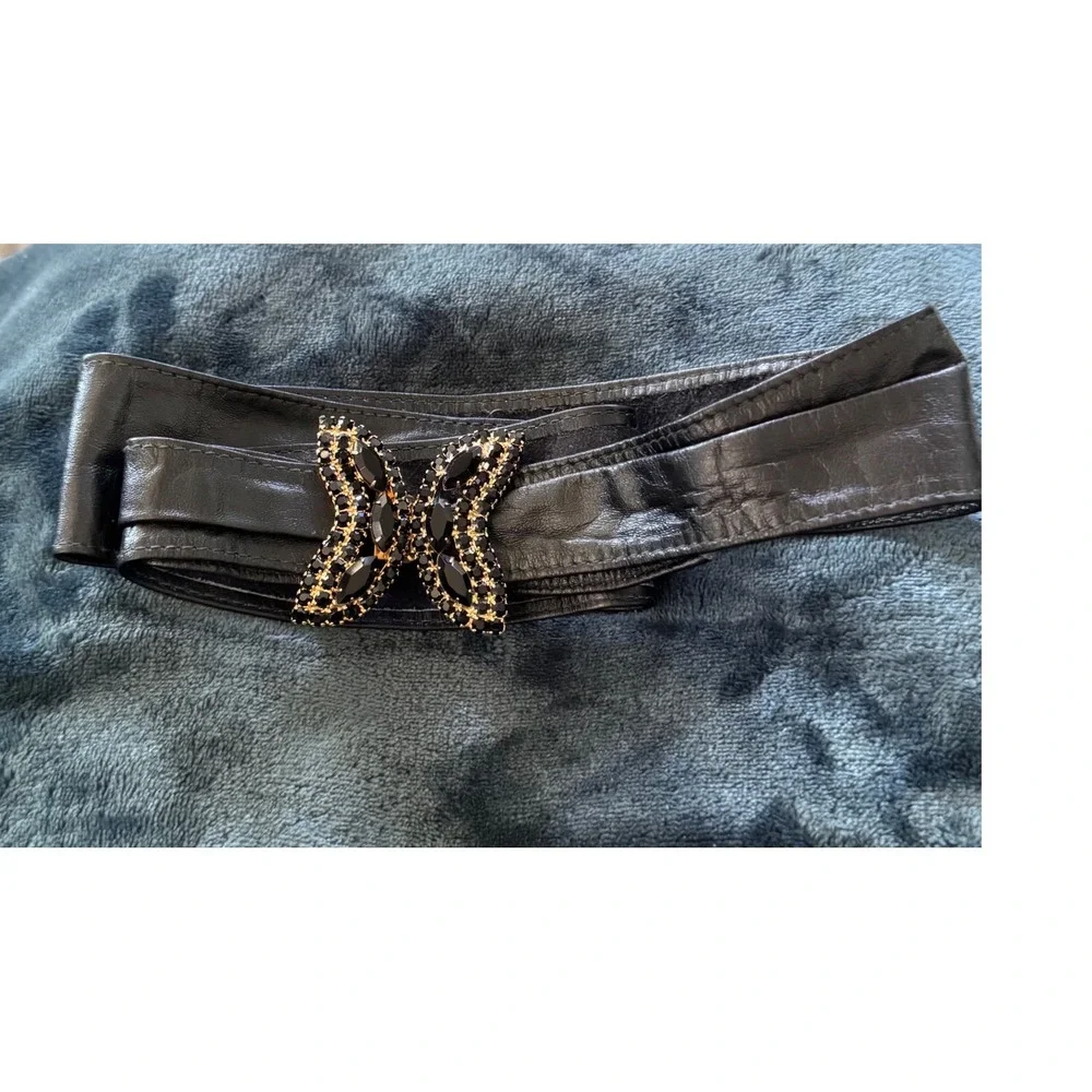 Vintage 90's  Black Leather Gold Butterfly Black Rhinestone Buckle Womens‎ Sm
